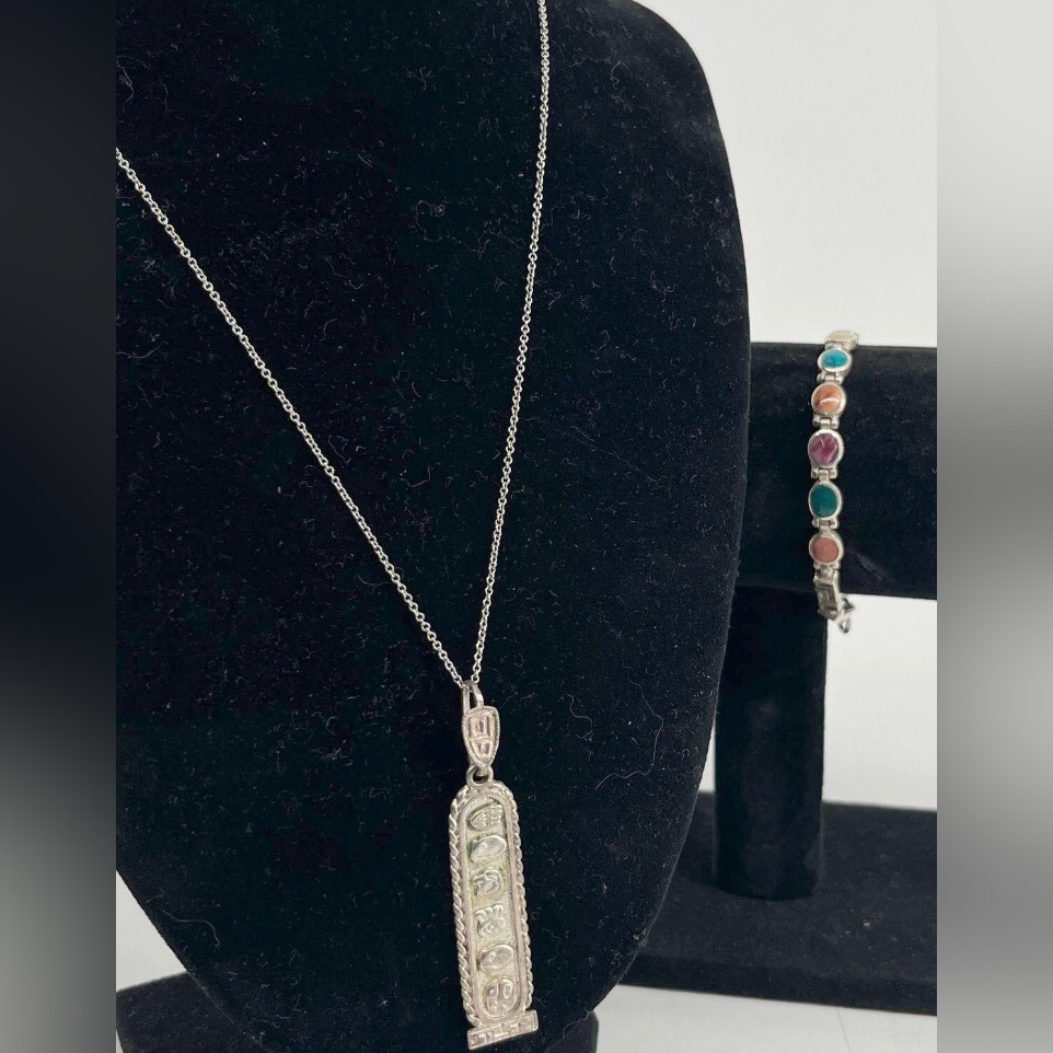 Vintage Sterling Silver Mayan Cartouche Pendant Necklace W/Multi-Stone Bracelet